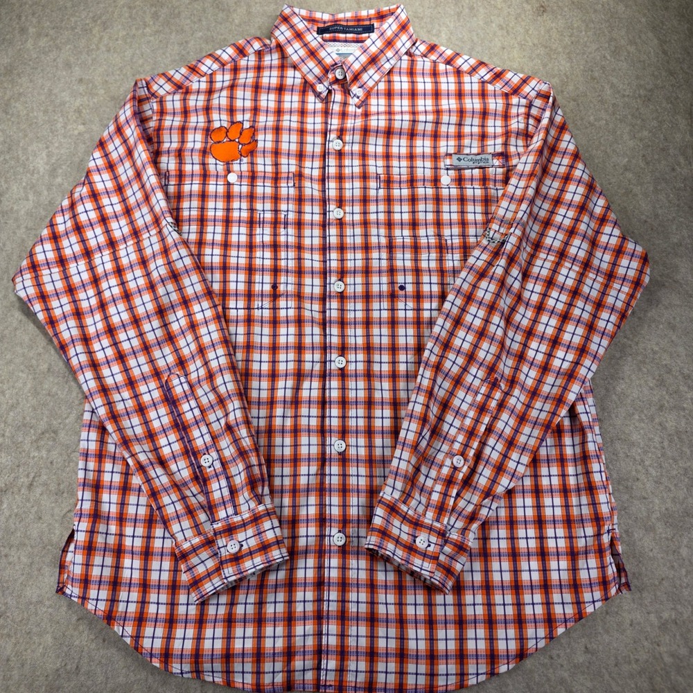 Columbia PFG Clemson Tigers Super Tamiami Fishing Shirt Mens Medium Orange Plaid
